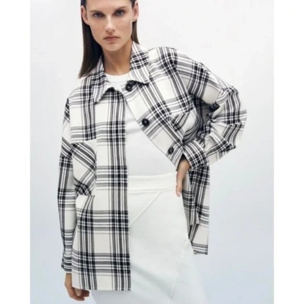 Zara Black White Plaid Oversized Shacket Button Front Textured Shirt Jacket M